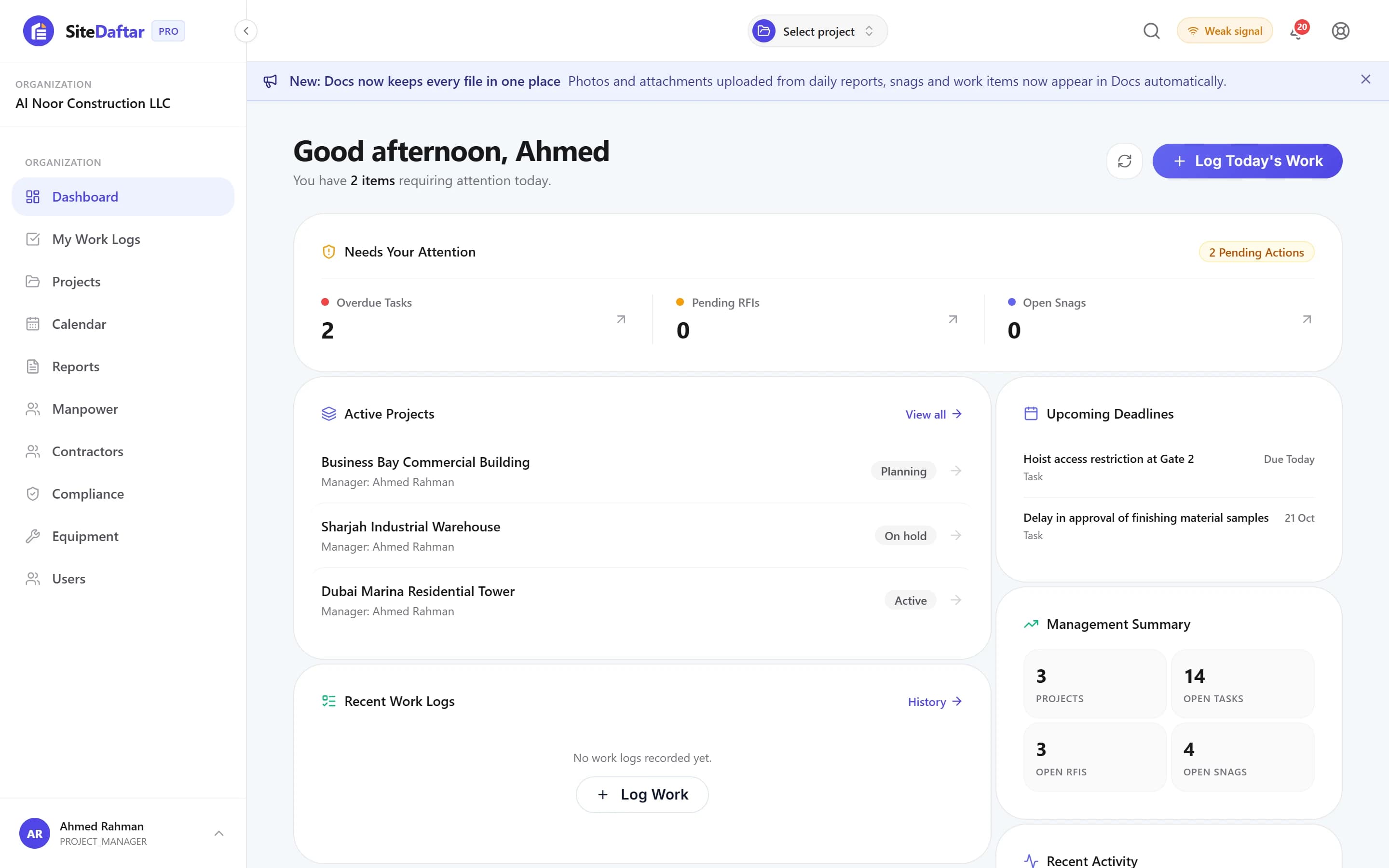 Muqtab dashboard on a laptop: items needing attention, active projects and deadlines